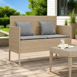 Beige Poly Rattan Garden Bench with Padded Cushion