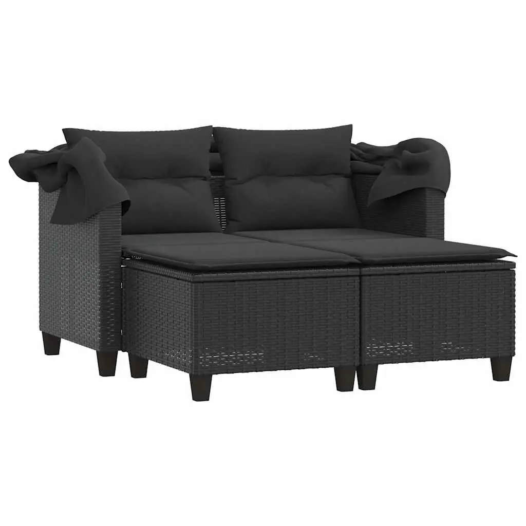 Garden Sofa Poly Rattan 2-Seater Black with Canopy and Stools