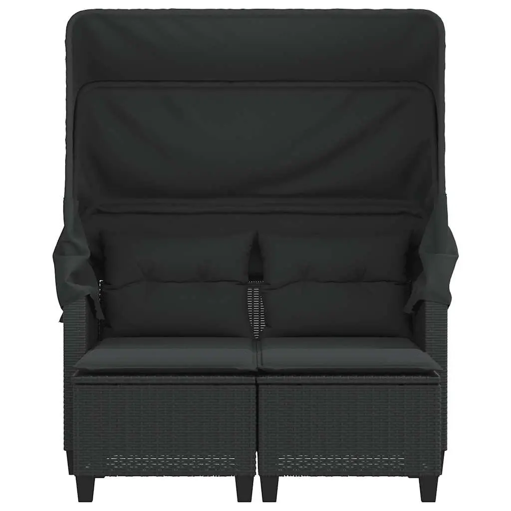 Garden Sofa Poly Rattan 2-Seater Black with Canopy and Stools