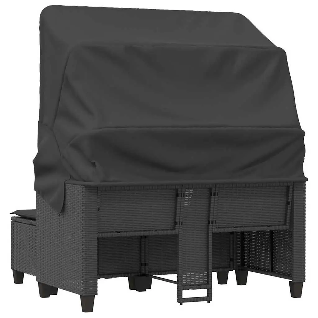 Garden Sofa Poly Rattan 2-Seater Black with Canopy and Stools