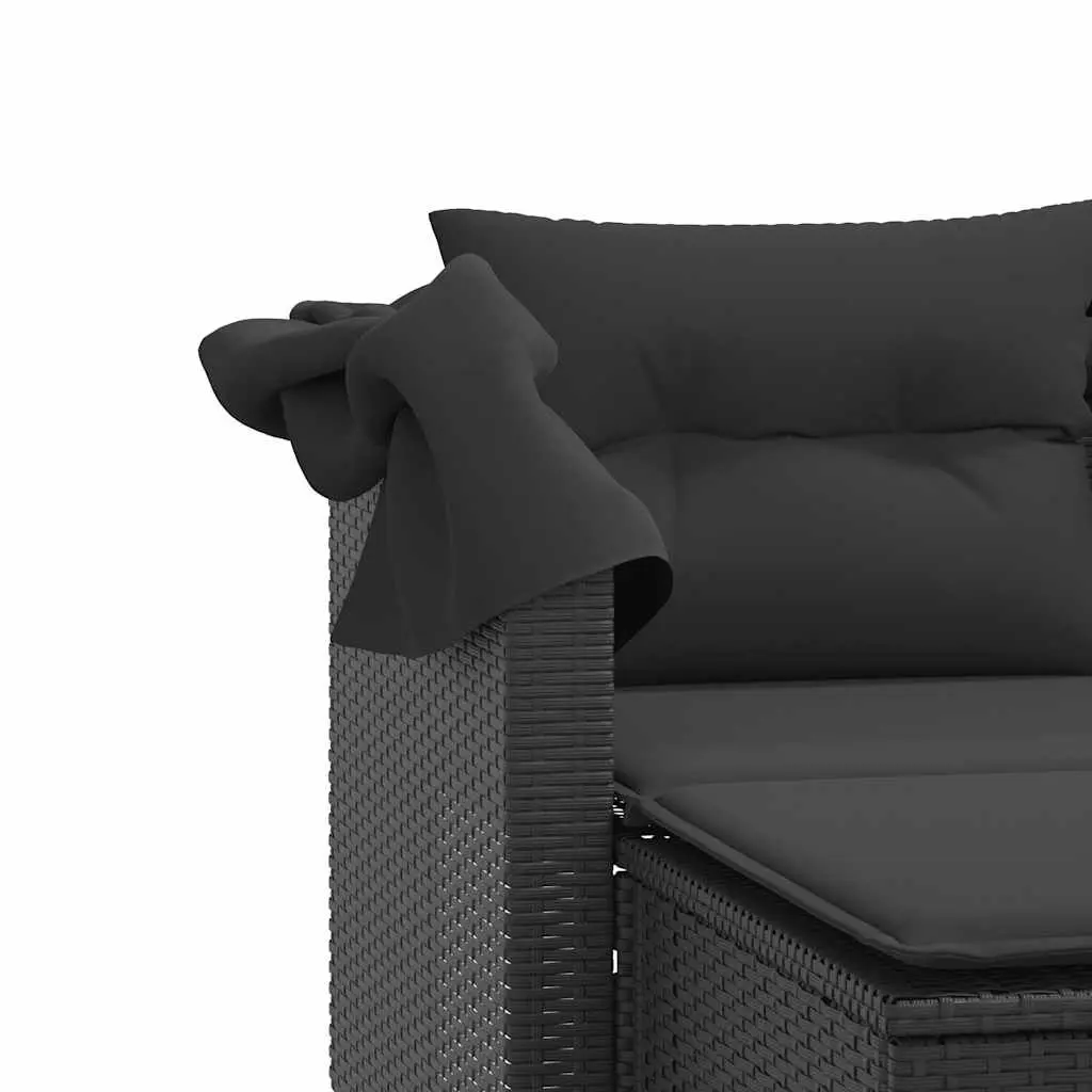 Garden Sofa Poly Rattan 2-Seater Black with Canopy and Stools