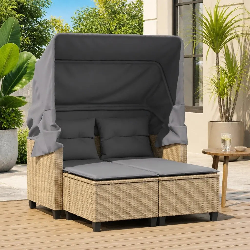 2-Seater Garden Sofa with Canopy and Stools Beige