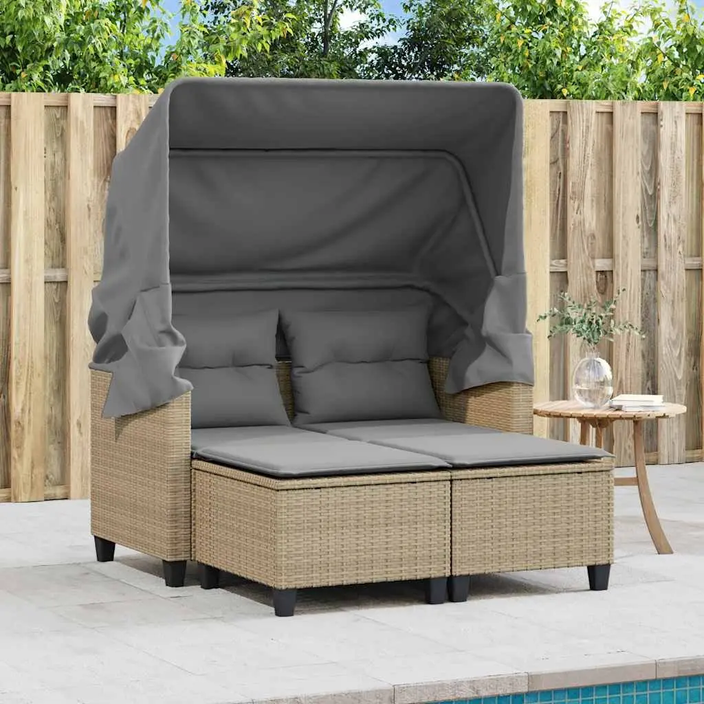 2-Seater Garden Sofa with Canopy and Stools Beige