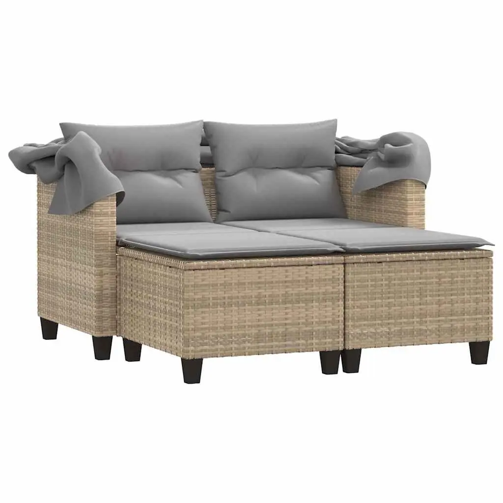 2-Seater Garden Sofa with Canopy and Stools Beige