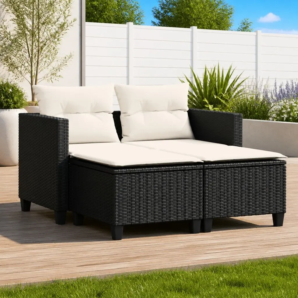 2-Seater Garden Sofa Poly Rattan Black Outdoor Patio Lounge Set with Stools