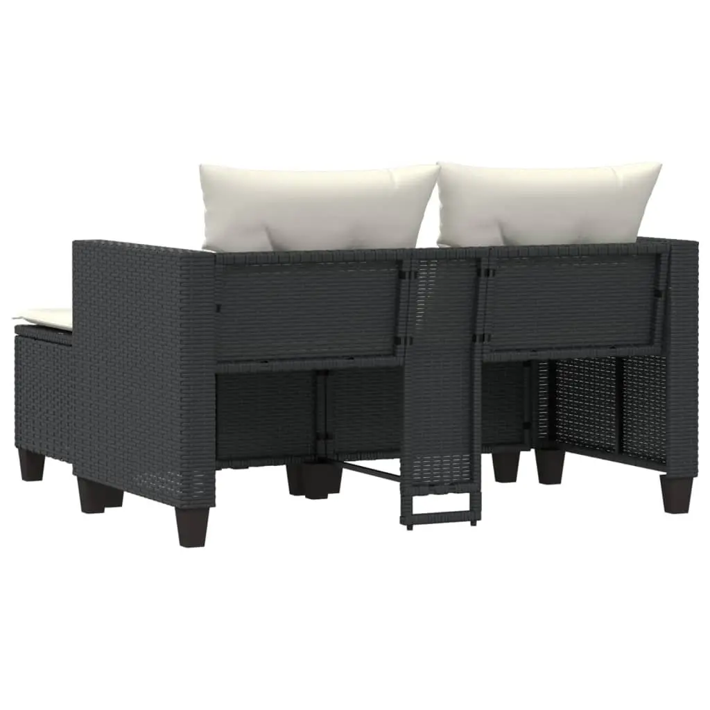 2-Seater Garden Sofa Poly Rattan Black Outdoor Patio Lounge Set with Stools
