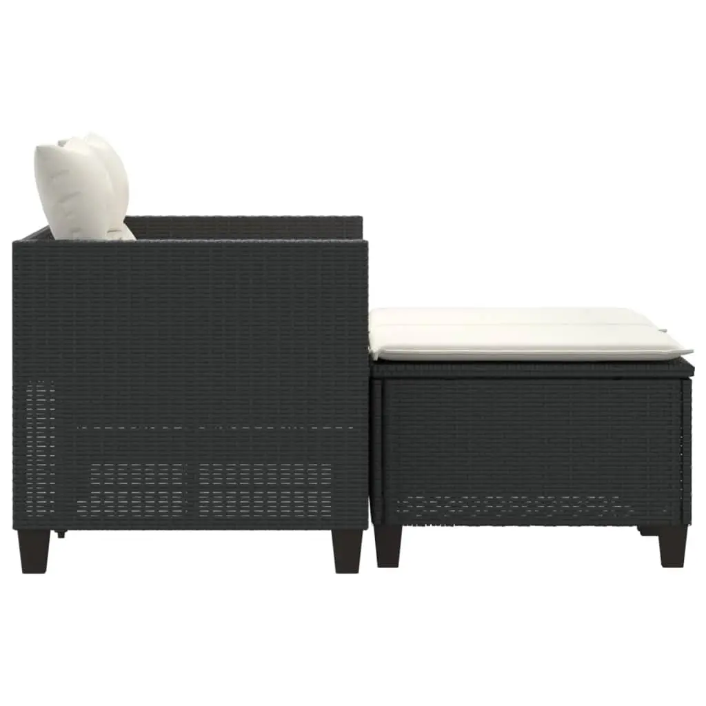 2-Seater Garden Sofa Poly Rattan Black Outdoor Patio Lounge Set with Stools