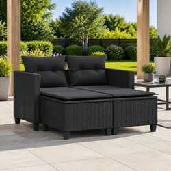 Outdoor Garden Sofa 2-Seater with Stools Black Poly Rattan Lounge Set