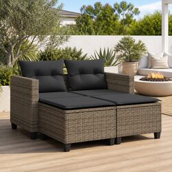 Durable Grey Poly Rattan 2-Seater Garden Sofa with Stools
