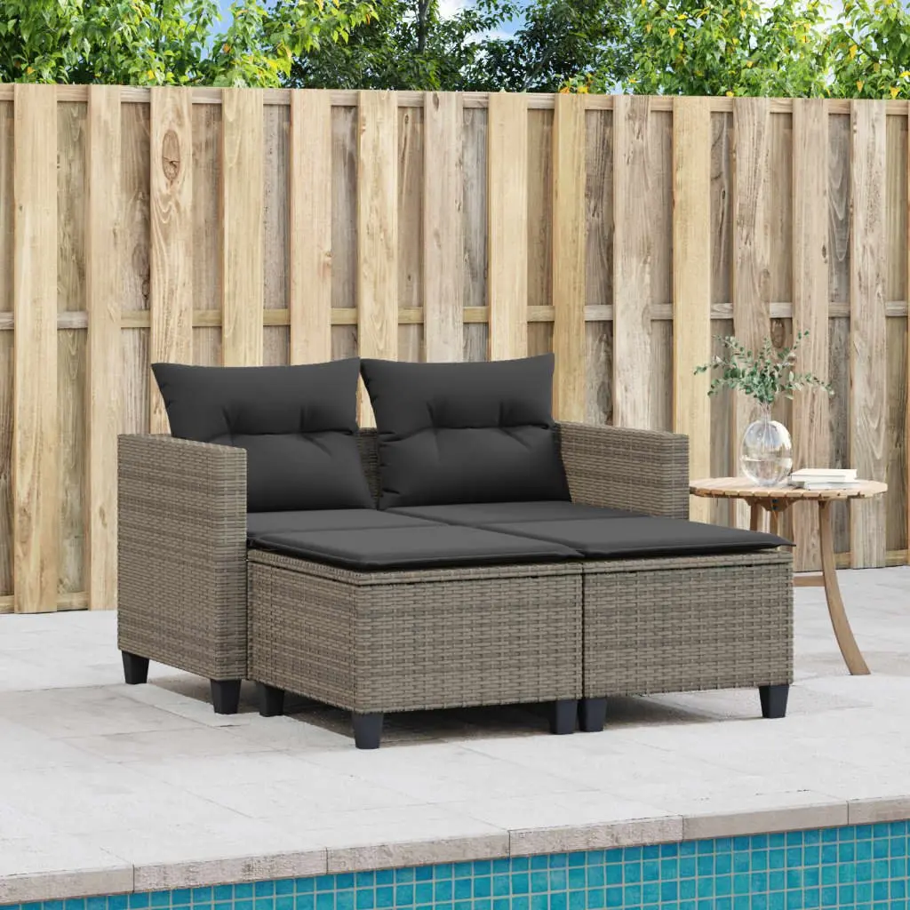 Grey Poly Rattan 2-Seater Garden Sofa with Stools