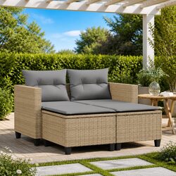 2-Seater Garden Sofa with Footstools in Beige Poly Rattan