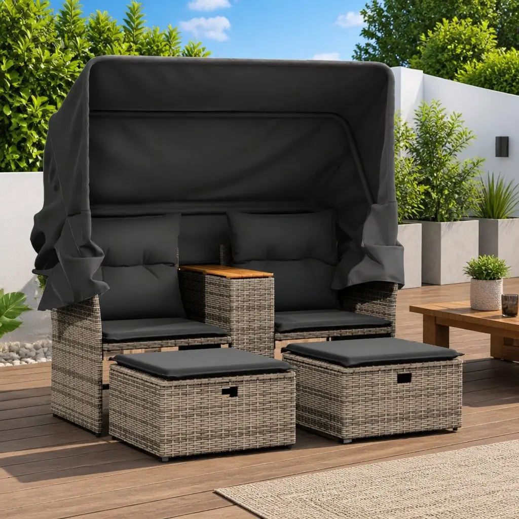Garden Sofa PE Rattan 2-Seater Grey with Retractable Canopy and Stools