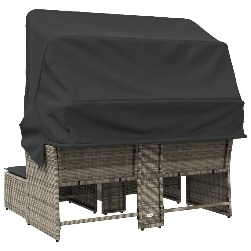 Garden Sofa PE Rattan 2-Seater Grey with Retractable Canopy and Stools