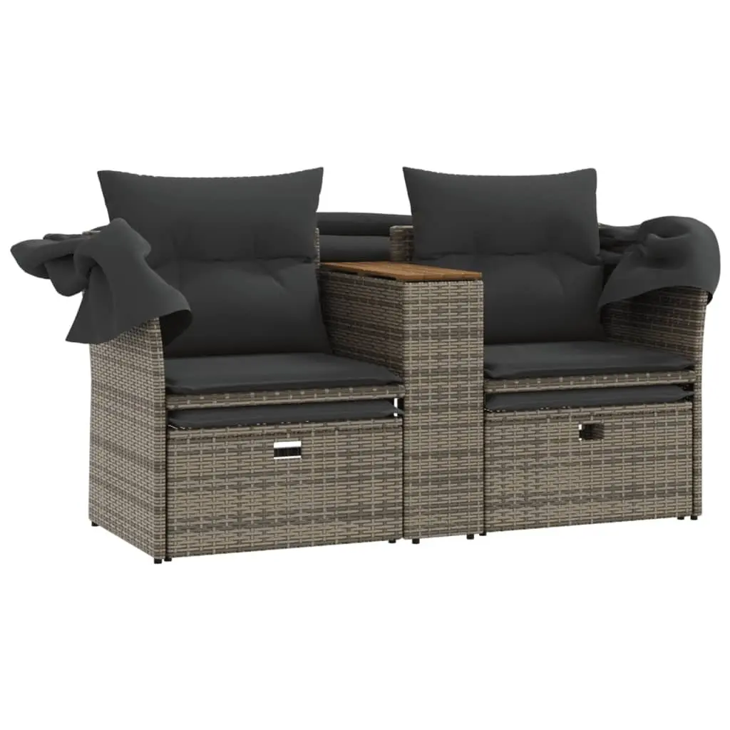 Garden Sofa PE Rattan 2-Seater Grey with Retractable Canopy and Stools
