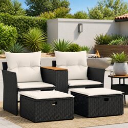 Outdoor Garden Sofa 2-Seater with Stools and Central Table Black Poly Rattan