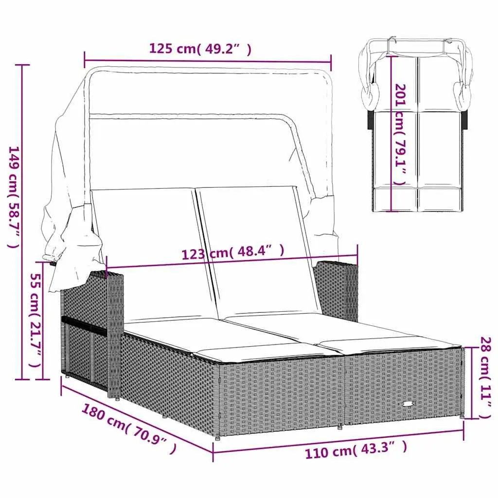 Double Sun Lounger with Canopy and Cushions