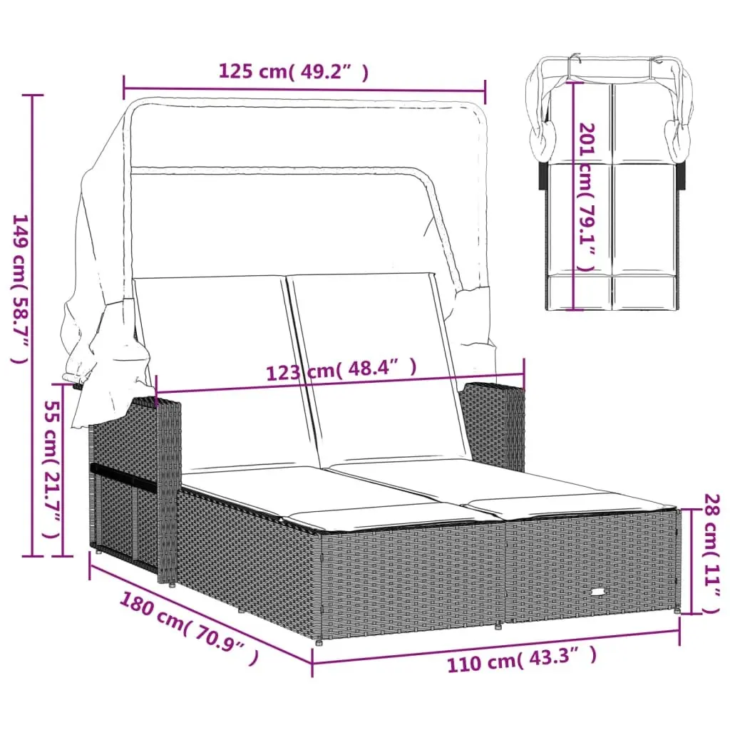 Double Sun Lounger with Retractable Canopy in Grey