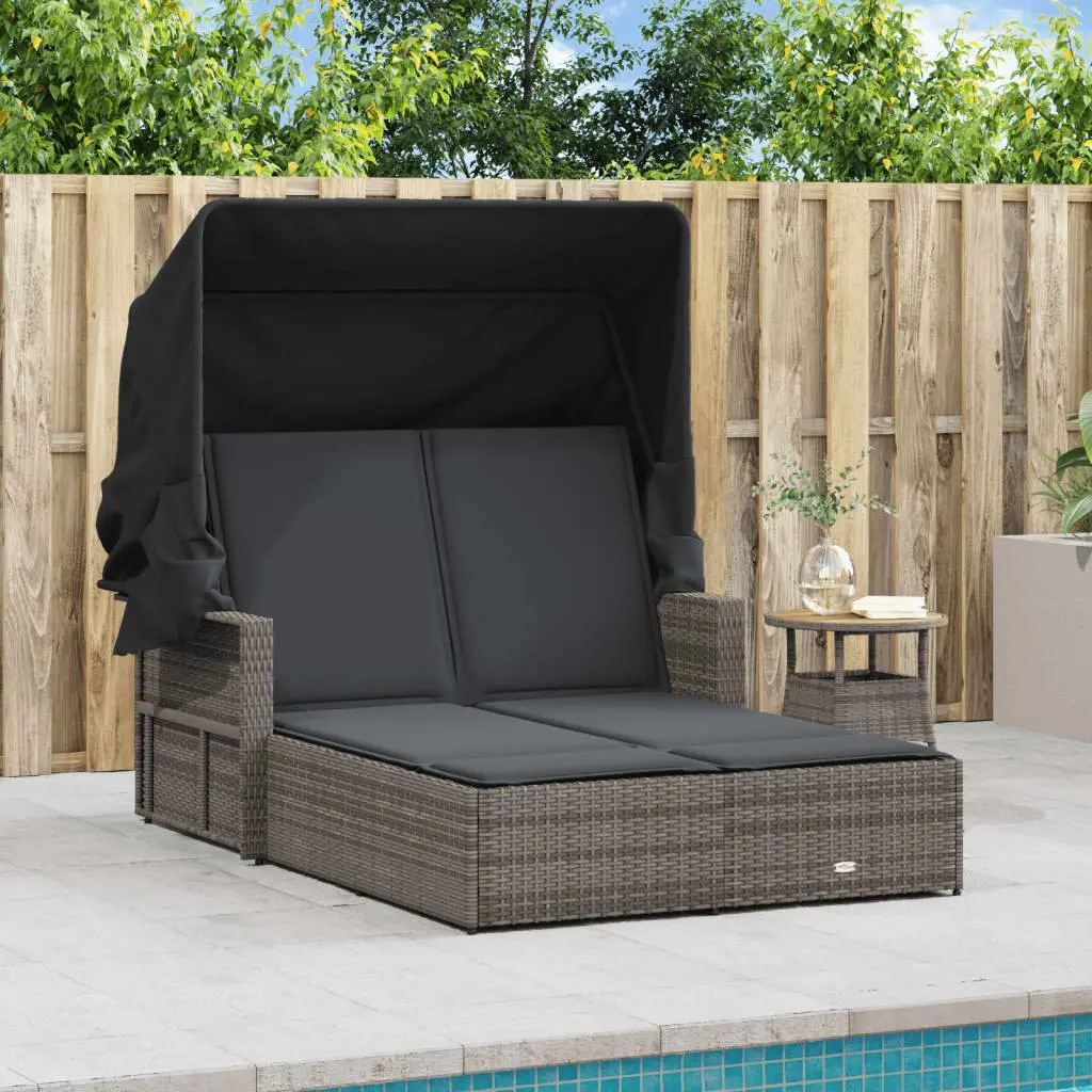 Double Sun Lounger with Retractable Canopy in Grey