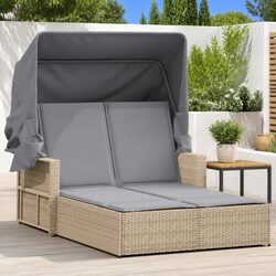 Beige Double Sun Lounger with Canopy and Cushions