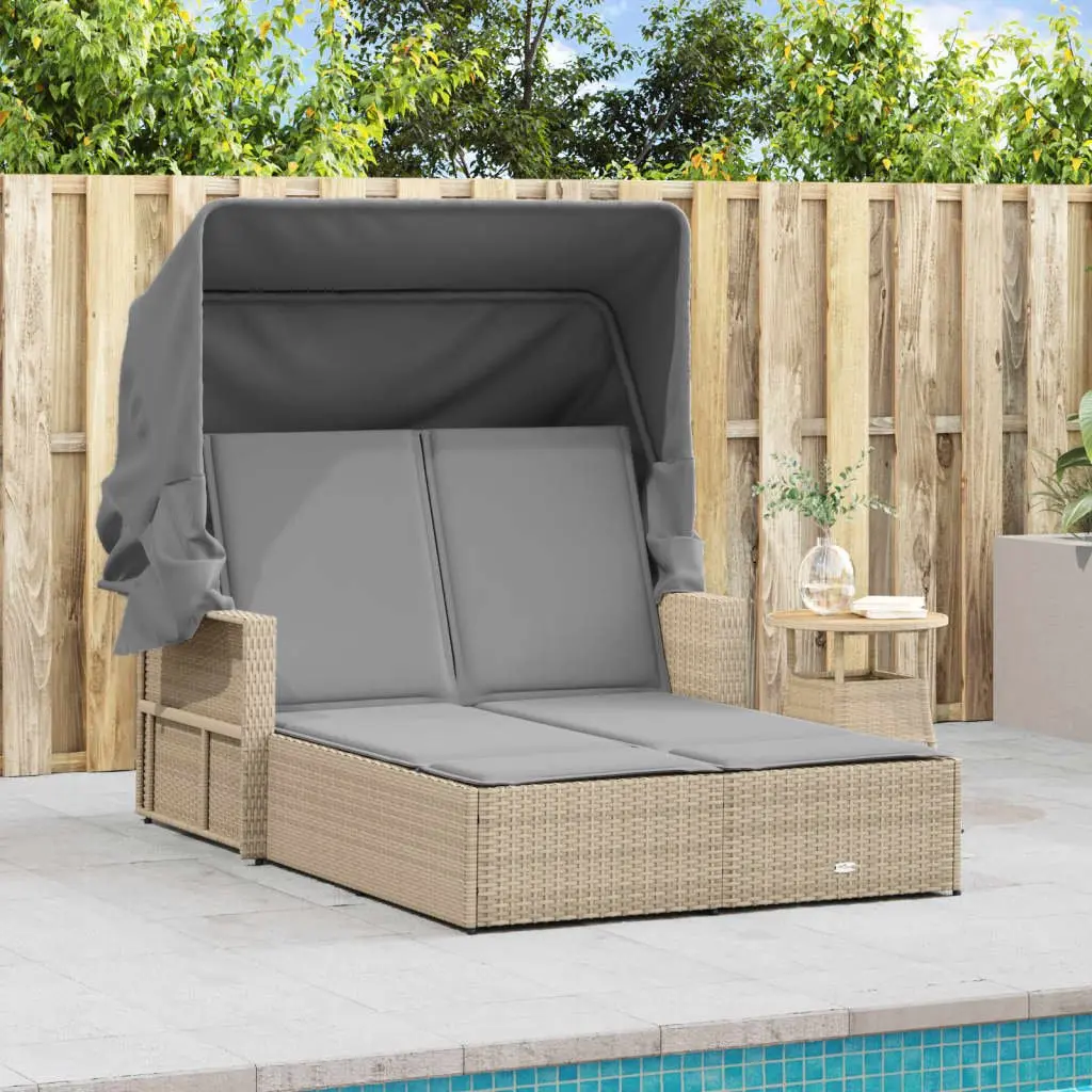 Double Sun Lounger Poly Rattan Beige Outdoor Furniture with Canopy and Cushions