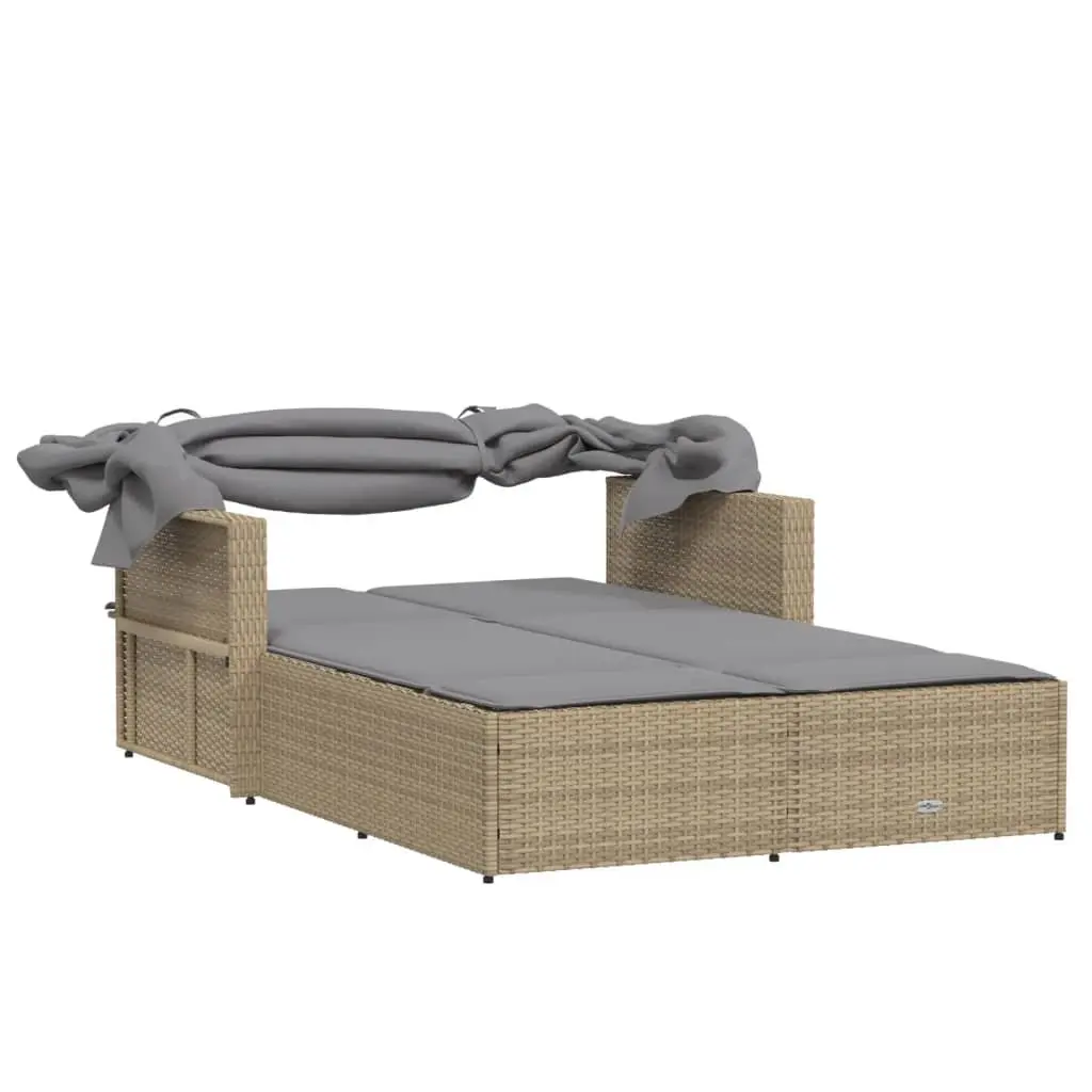 Double Sun Lounger Poly Rattan Beige Outdoor Furniture with Canopy and Cushions