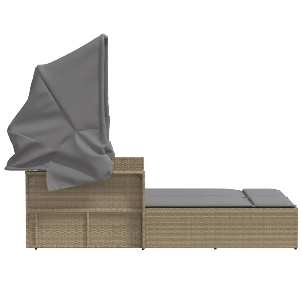 Double Sun Lounger Poly Rattan Beige Outdoor Furniture with Canopy and Cushions