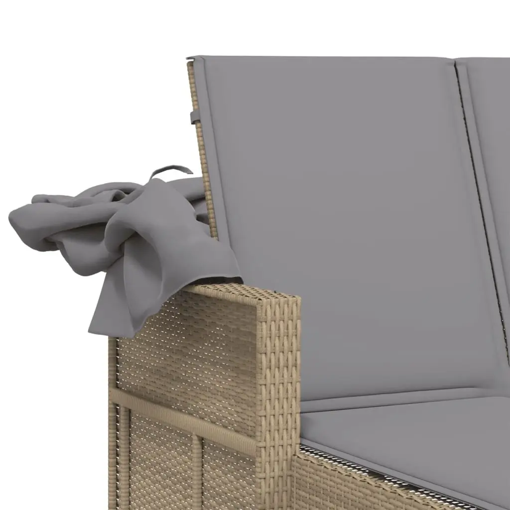 Double Sun Lounger Poly Rattan Beige Outdoor Furniture with Canopy and Cushions