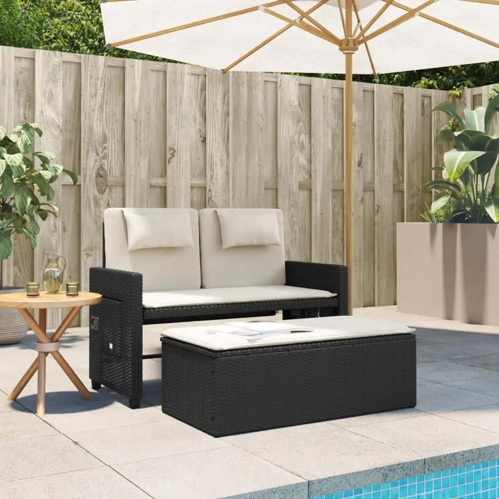 Reclining Outdoor Garden Bench 2-in-1 Loveseat Sofa Bed with Cushions Black