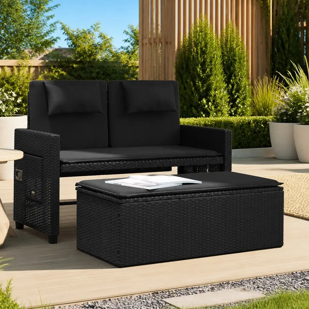 Reclining Garden Bench PE Rattan 2-in-1 Loveseat Sofa Bed Black