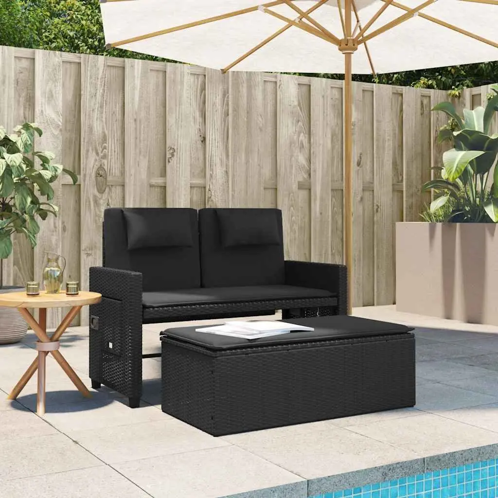 Reclining Garden Bench PE Rattan 2-in-1 Loveseat Sofa Bed Black