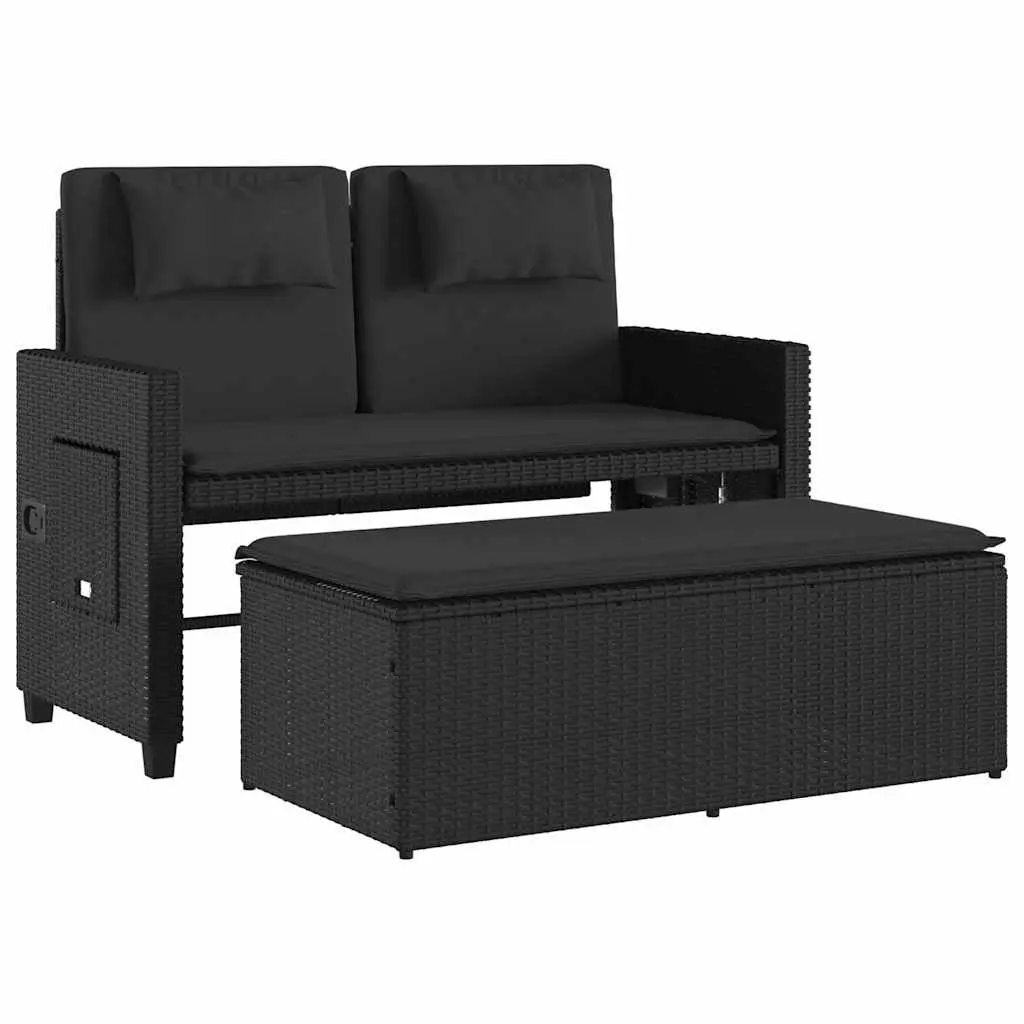 Reclining Garden Bench PE Rattan 2-in-1 Loveseat Sofa Bed Black
