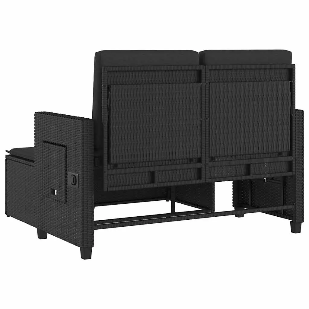 Reclining Garden Bench PE Rattan 2-in-1 Loveseat Sofa Bed Black