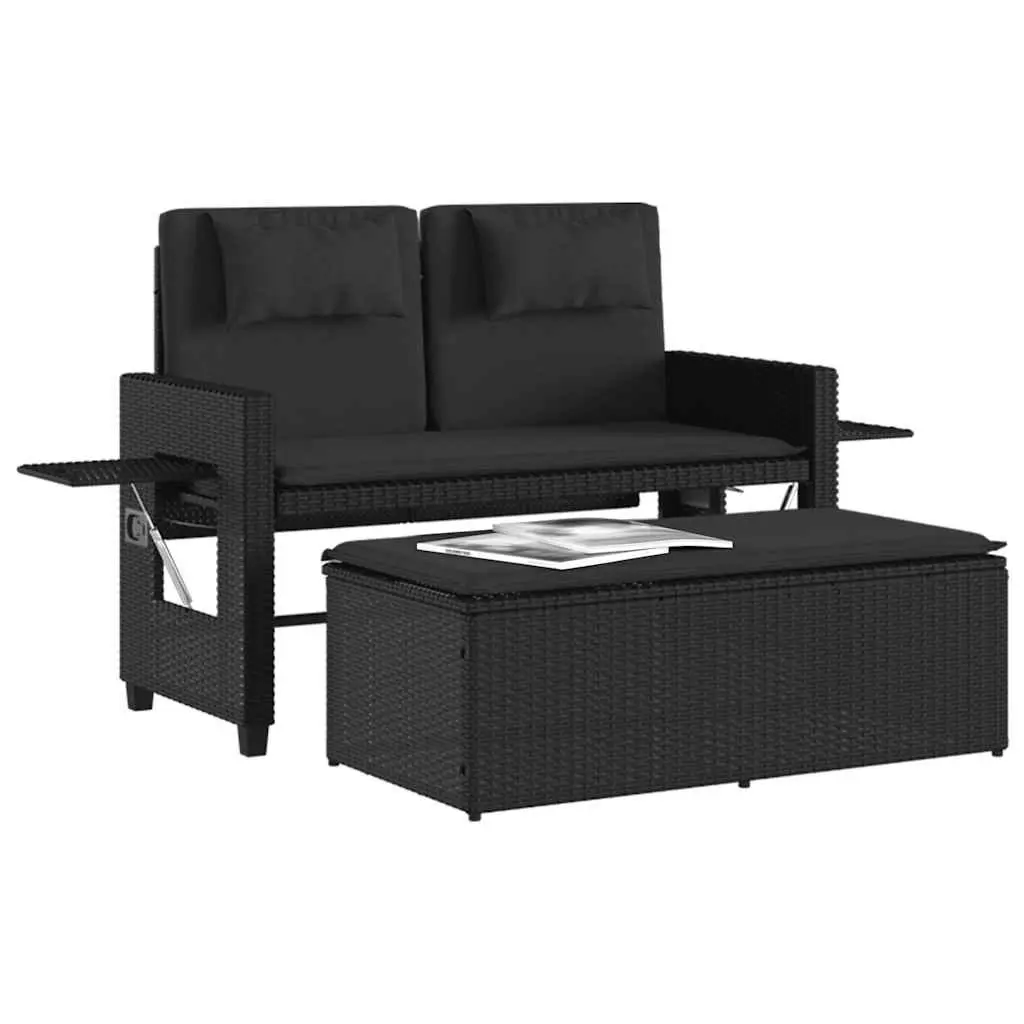 Reclining Garden Bench PE Rattan 2-in-1 Loveseat Sofa Bed Black
