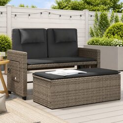 Reclining Garden Bench Outdoor Loveseat Sofa Bed Grey Poly Rattan 2-in-1 Armrest