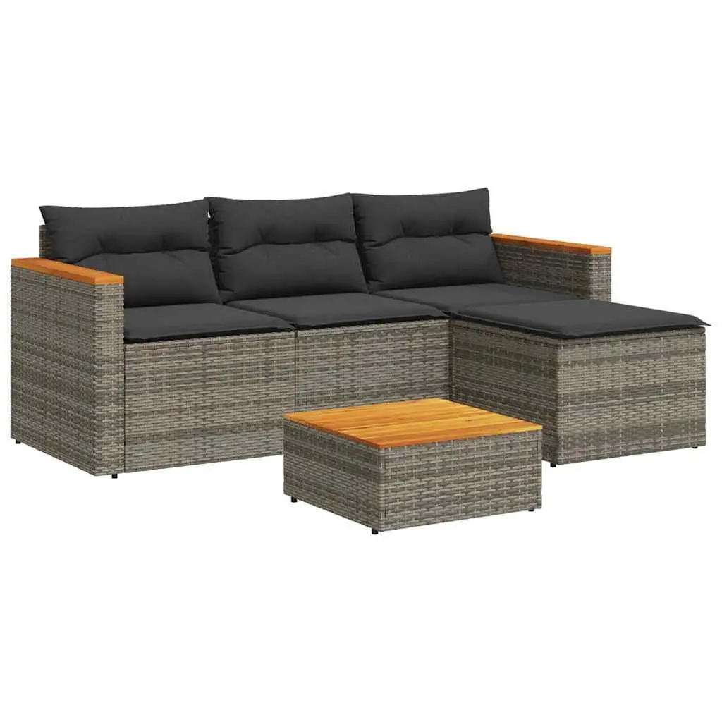 3 Piece Garden Sofa Set PE Rattan Grey Modular with Cushions Acacia Wood Table Top