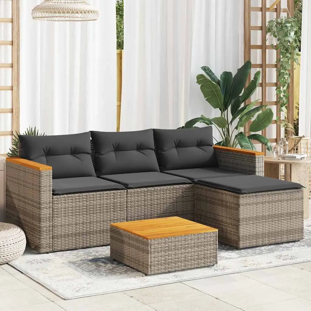 3 Piece Garden Sofa Set PE Rattan Grey Modular with Cushions Acacia Wood Table Top