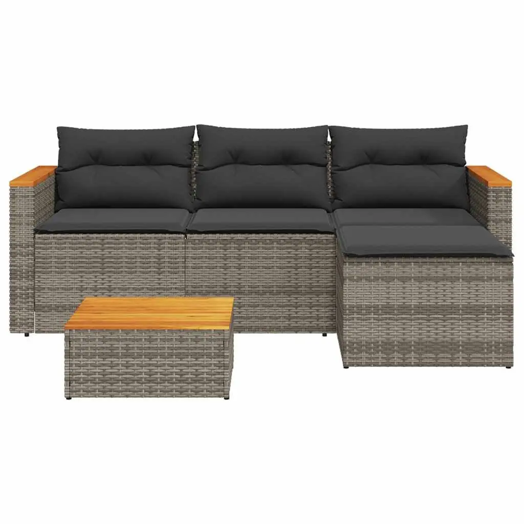 3 Piece Garden Sofa Set PE Rattan Grey Modular with Cushions Acacia Wood Table Top