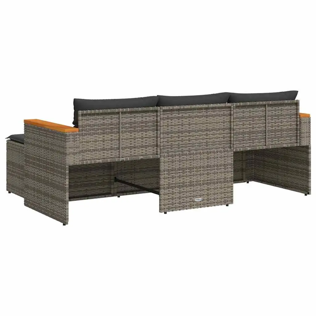 3 Piece Garden Sofa Set PE Rattan Grey Modular with Cushions Acacia Wood Table Top