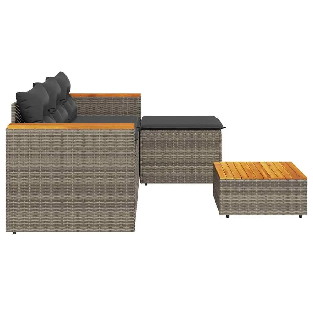 3 Piece Garden Sofa Set PE Rattan Grey Modular with Cushions Acacia Wood Table Top