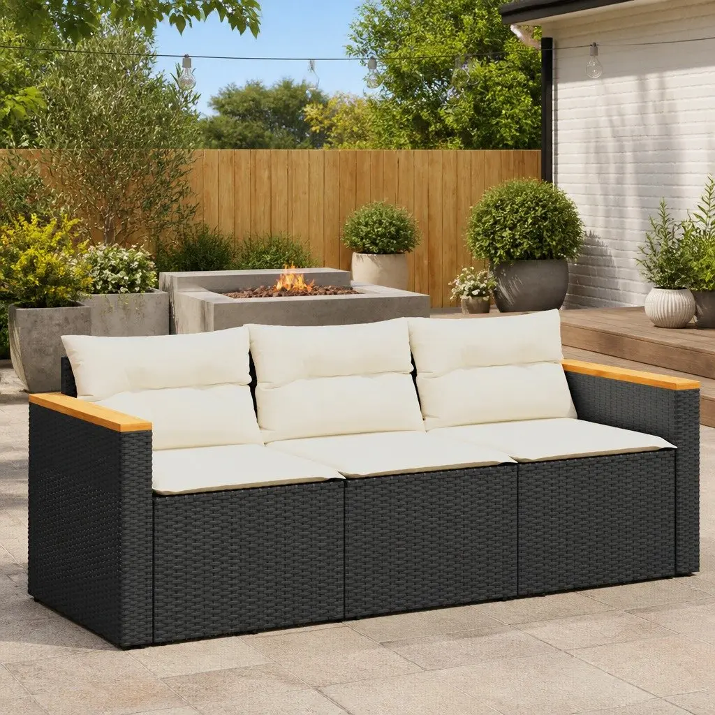3-Seater Garden Sofa PE Rattan Powder-Coated Steel Black