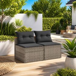 Premium Outdoor Armless Garden Sofas 2 Piece Set with Cushions Grey Rattan