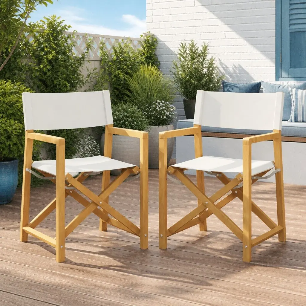 Folding Director Chairs Solid Acacia Wood Cream Outdoor 2 Pieces