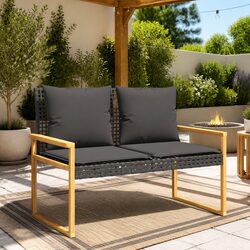 Sturdy Black Poly Rattan Garden Bench with Comfort Cushion