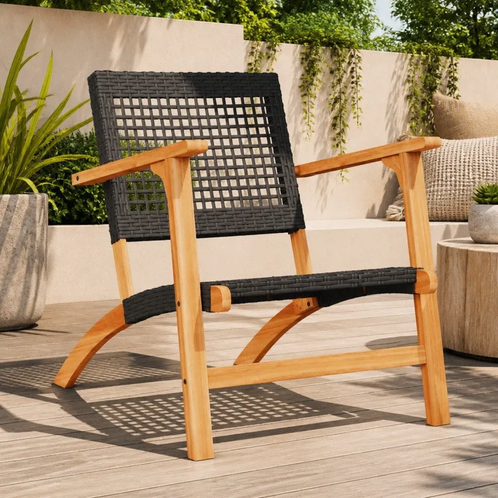 Garden Chairs 2pcs Black Poly Rattan Outdoor Patio Seats with Acacia Wood Arms