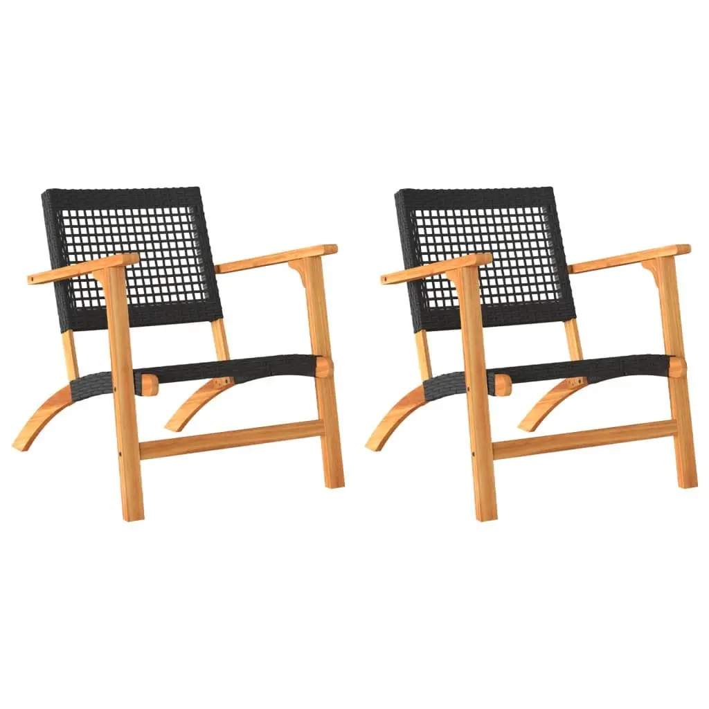 Garden Chairs 2pcs Black Poly Rattan Outdoor Patio Seats with Acacia Wood Arms