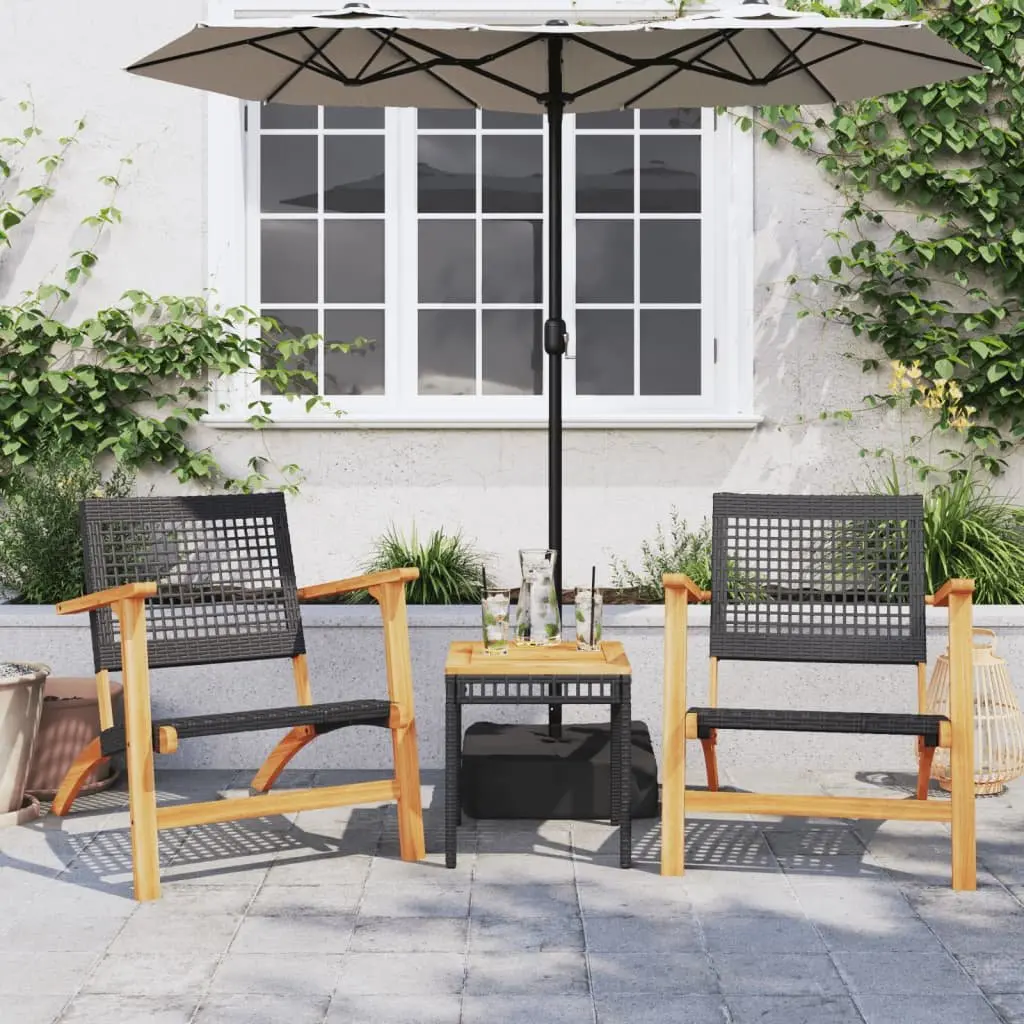 Garden Chairs 2pcs Black Poly Rattan Outdoor Patio Seats with Acacia Wood Arms