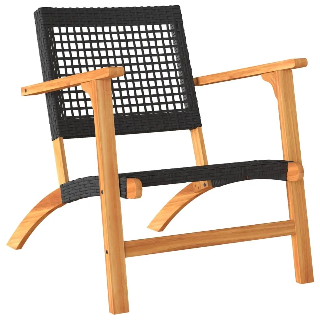 Garden Chairs 2pcs Black Poly Rattan Outdoor Patio Seats with Acacia Wood Arms
