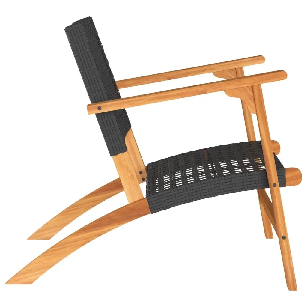 Garden Chairs 2pcs Black Poly Rattan Outdoor Patio Seats with Acacia Wood Arms
