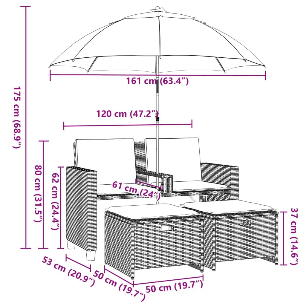 Garden Sofa PE Rattan 2-Seater Grey with Parasol and Footstools