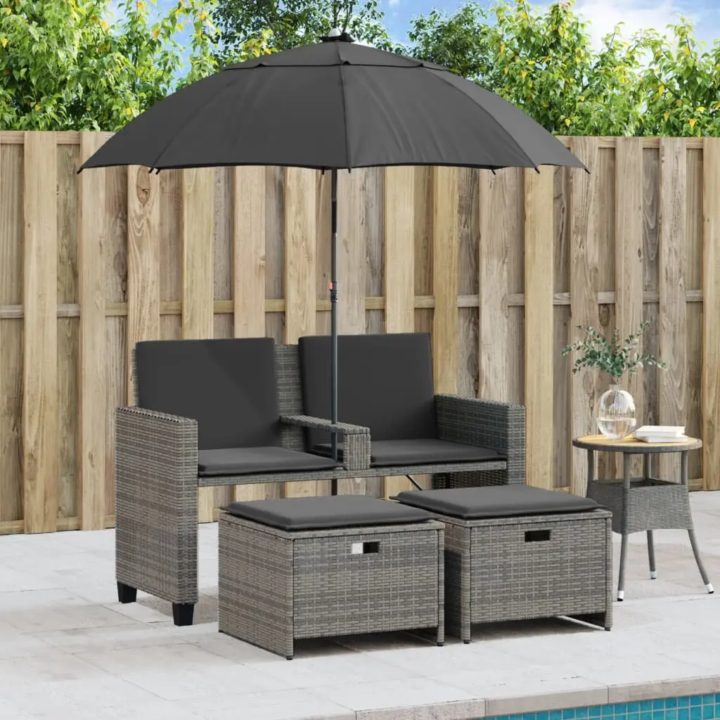 Garden Sofa PE Rattan 2-Seater Grey with Parasol and Footstools